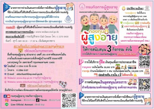 กองทุนผู้สูงอายุ ให้การสนับสนุน 3 กิจกรรม ดังนี้ (การให้บริการต่าง ๆ ของกองทุนผู้สูงอายุ ไม่มีค่าธรรมเนียม)